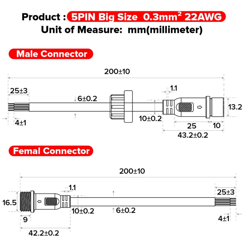 BTF-LIGHTING موصل كهربائي BTF-LIGHTING 5 دبابيس 22AWG IP65 موصل ذكر وأنثى كابل تمديد 7.87 بوصة/20 سم للسيارة، الشاحنة، القارب، أضواء شريط LED داخلية/خارجية 22 مم صمولة كبيرة الحجم 5 أزواج - Image 5